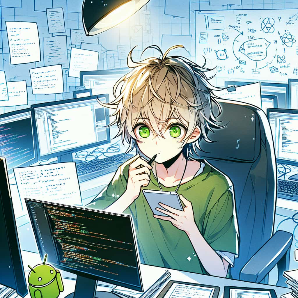imagine in anime seraph of the end like look showing an anime boy with messy blond hair and green eyes working in android app entwickler