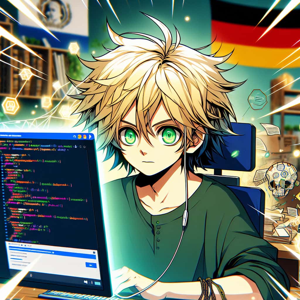 imagine in anime seraph of the end like look showing an anime boy with messy blond hair and green eyes working in deutscher webentwickler