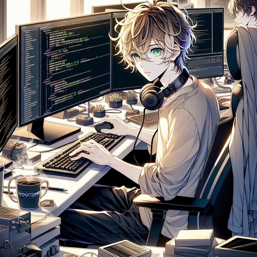 imagine in anime seraph of the end like look showing an anime boy with messy blond hair and green eyes working in deutscher woocommerce entwickler
