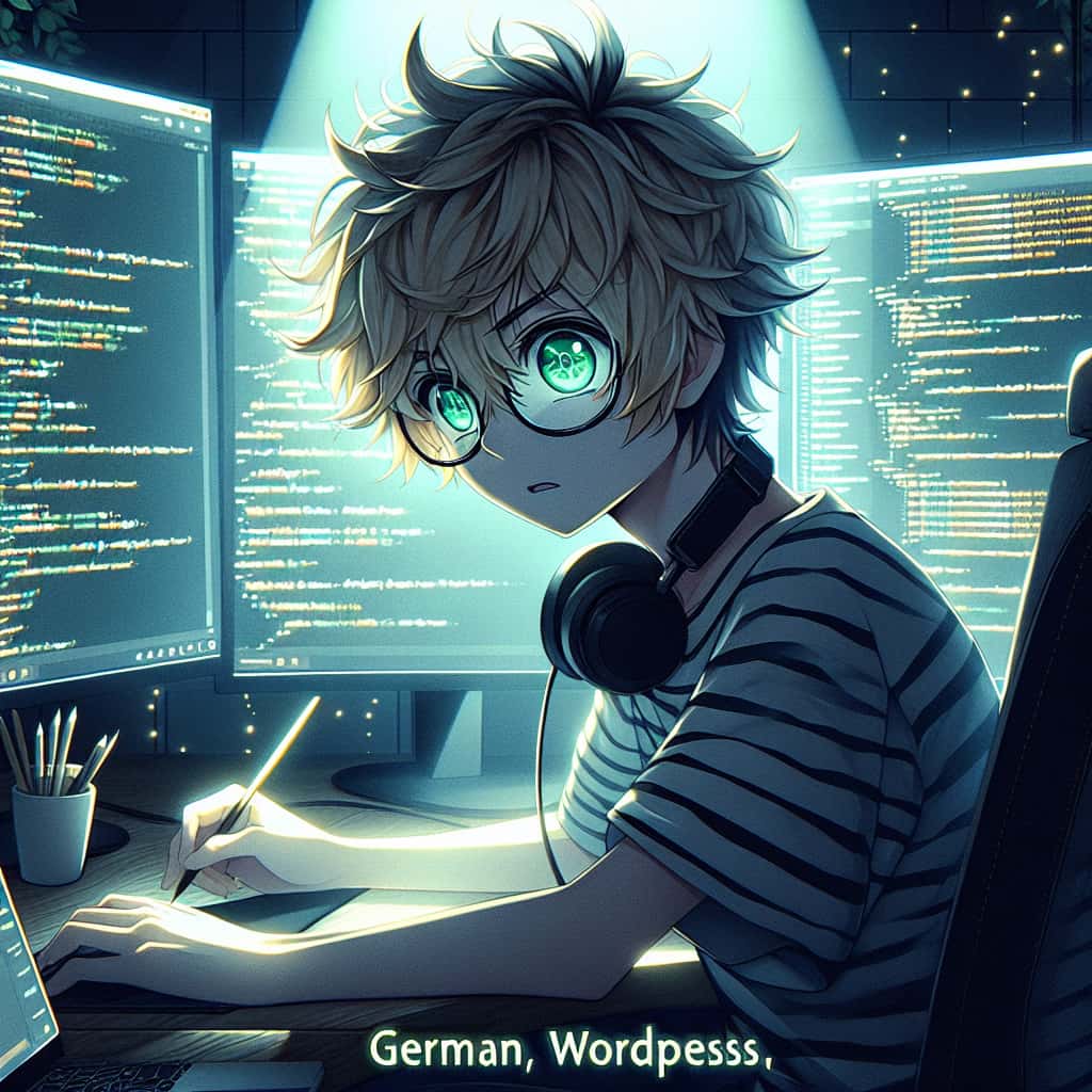 imagine in anime seraph of the end like look showing an anime boy with messy blond hair and green eyes working in deutscher wordpress entwickler