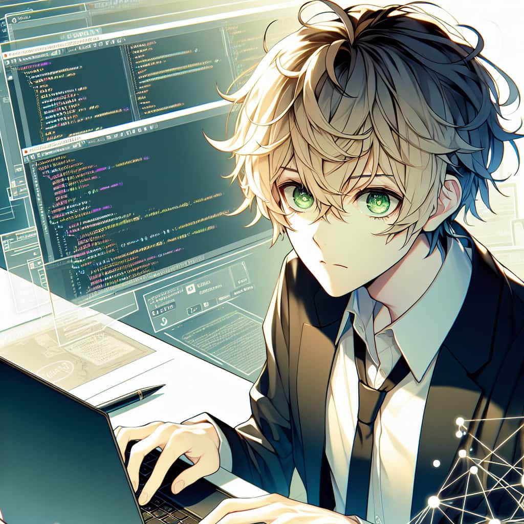 imagine in anime seraph of the end like look showing an anime boy with messy blond hair and green eyes working in e commerce entwicklung