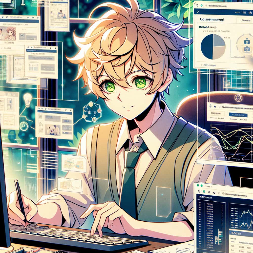 imagine in anime seraph of the end like look showing an anime boy with messy blond hair and green eyes working in e commerce website