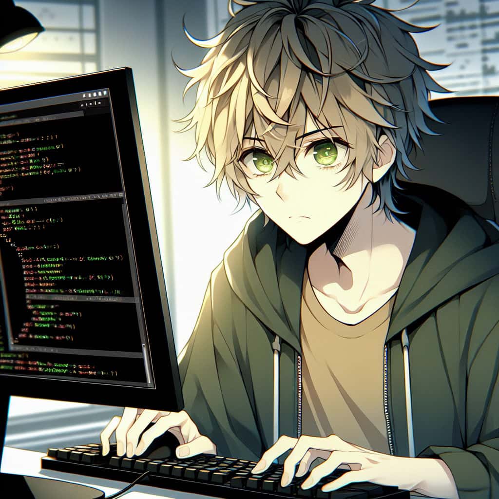 imagine in anime seraph of the end like look showing an anime boy with messy blond hair and green eyes working in frontend entwickler