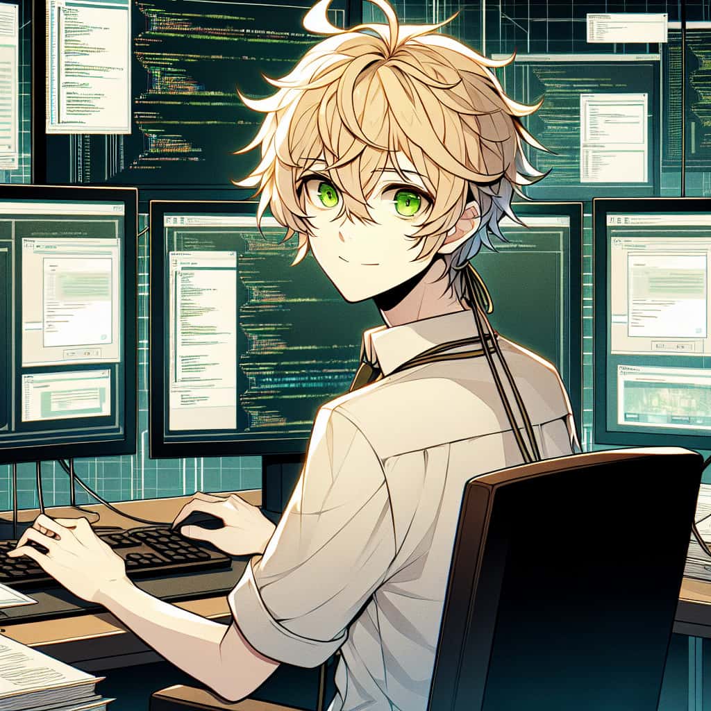 imagine in anime seraph of the end like look showing an anime boy with messy blond hair and green eyes working in geschaeftswebsite